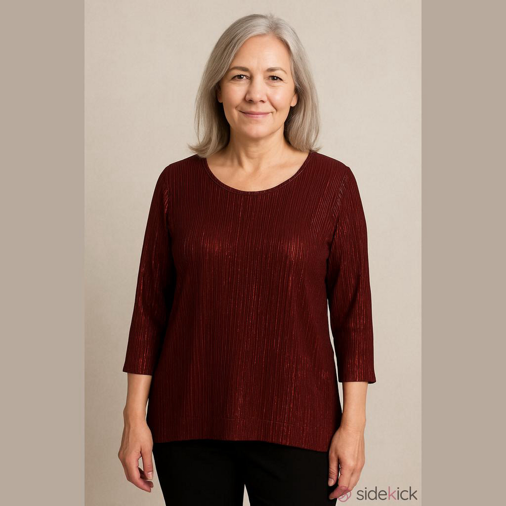 CJ Banks, red ribbed, metallic three-quarter length sleeve scoop neck blouse 2X